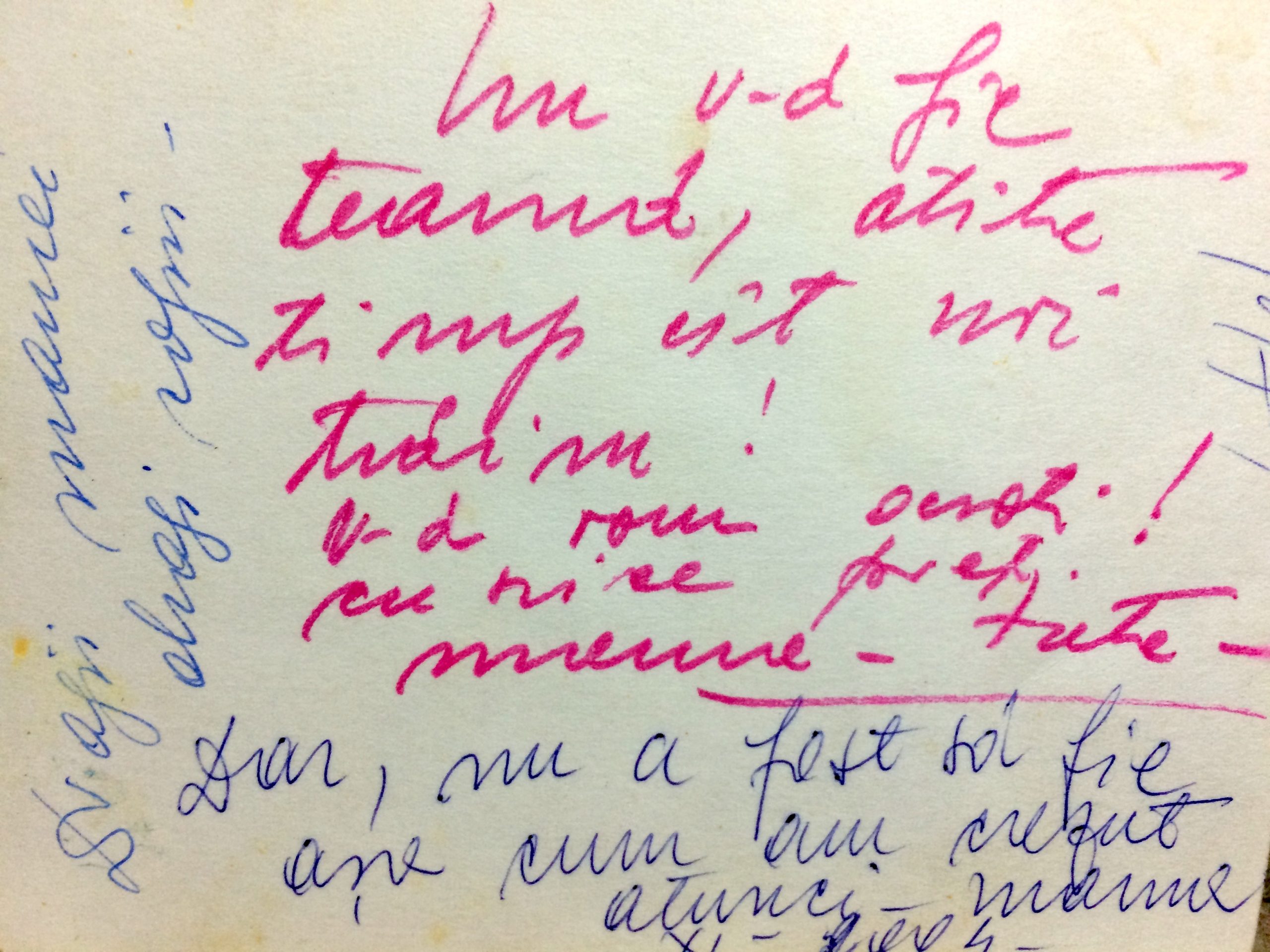 Verso. Cu roșu: “Nu vă fie teamă, atâta timp cît noi trăim! Vă vom ocroti! Cu orice preț. mama – tata“. Cu albastru: “Daragii mamei, dragi copii. Dar nu a fost să fie așa cum am crezut atunci – mama xi 2004