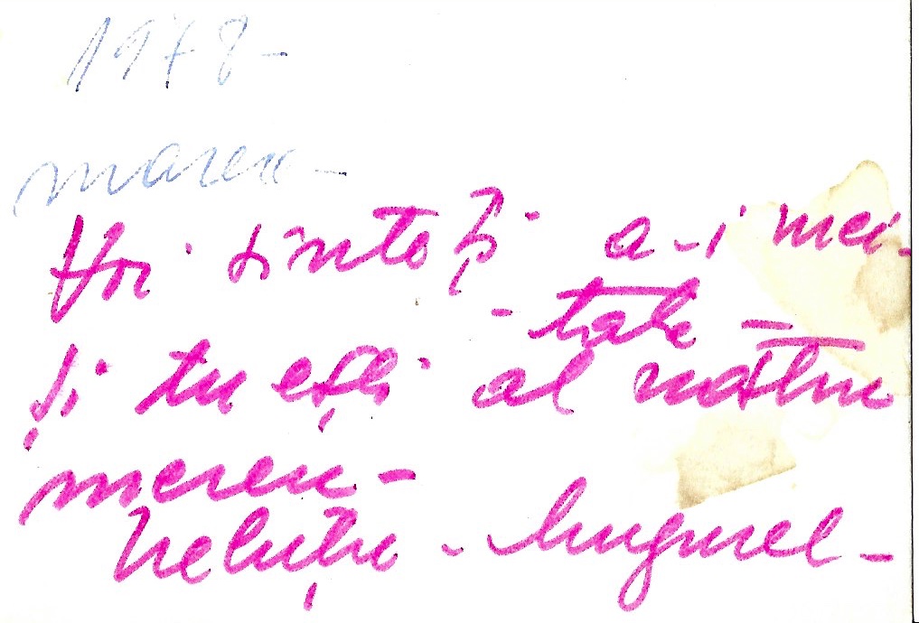 Verso. “Voi sînteți ai mei – tata. Și tu ești al nostru mereu – Neluțu, Mugurel“