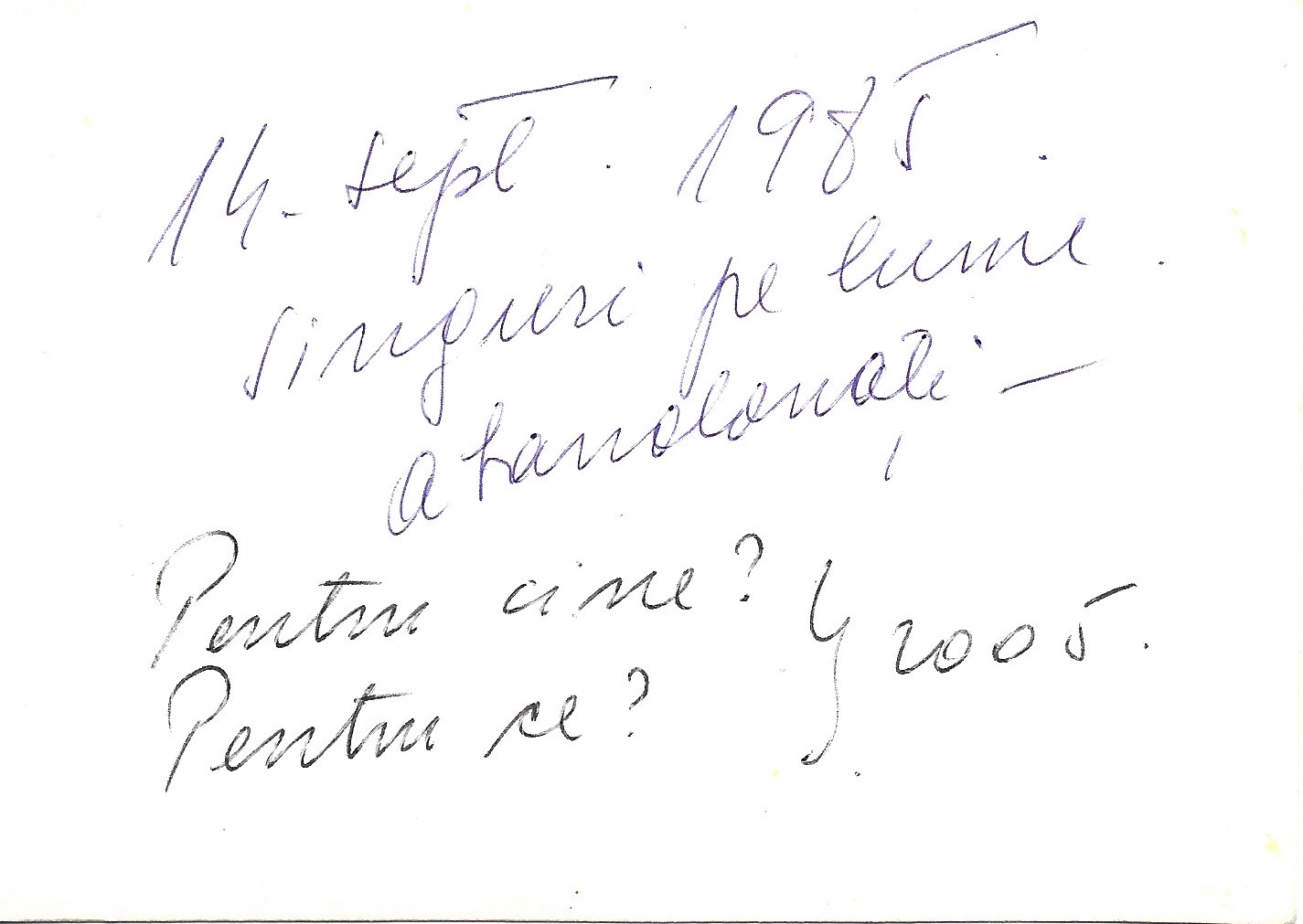 14 Septembrie 1985. “Singuri pe lume, abandonați“. Adaugă în 2005: Pentru cine? Pentru ce?